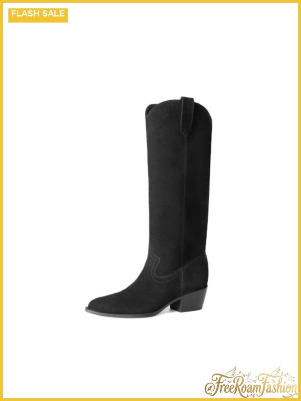 Suede Knee High Western Boots Pointed Toe Pull On Block Heel